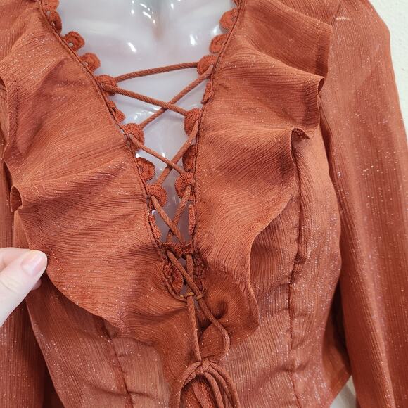 Milk & Honey Glitter Lace Up Ruffle Peasant Blouse Rust Red Side Zip Size Small - Picture 4 of 11